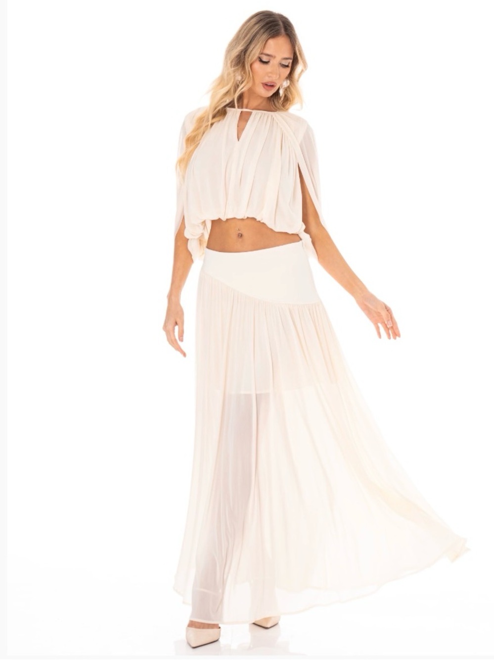 Elegant Pleated Chiffon Two-Piece Maxi Set | Ivory | SM132